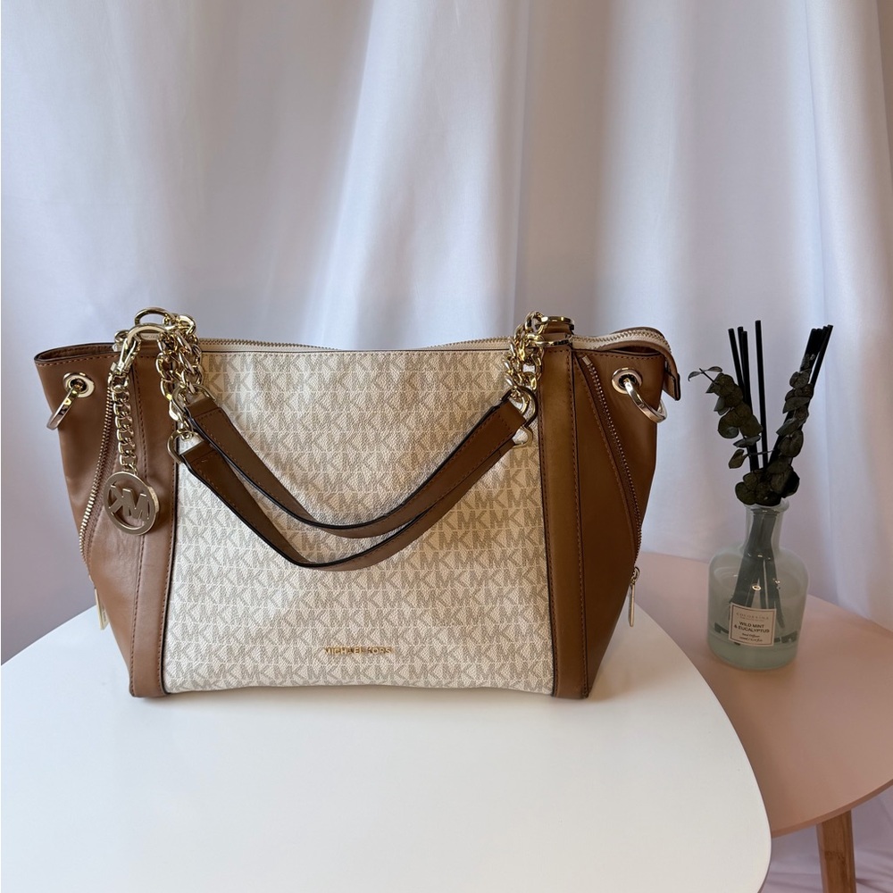 Michael Kors Cream and Brown Signature Chain-Detail Tote